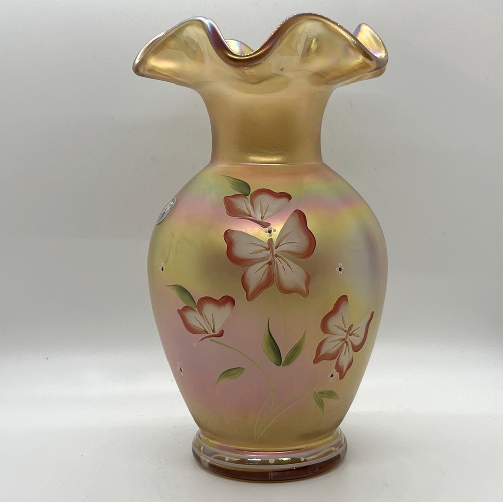 Vintage Fenton Iridescent Gold "Butterfly Garden" Vase 95th Anniversary